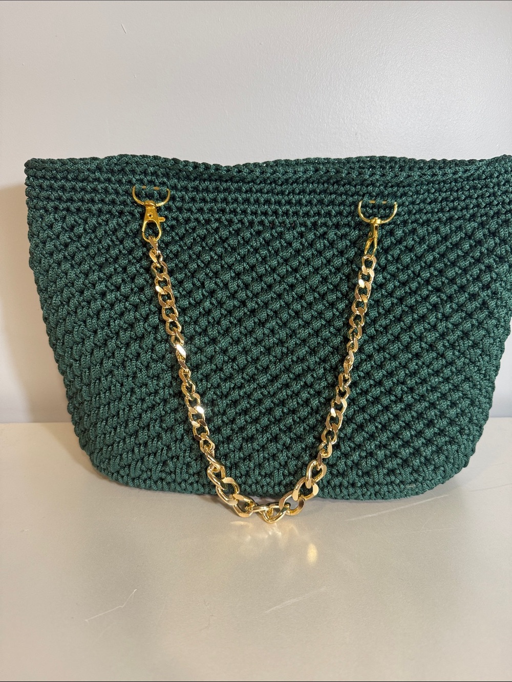 Handwoven Dark Green Tote Bag with Gold Chain Strap